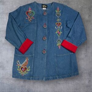 Vintage Bob Mackie Denim Chore Jacket Womens M Embroidered Floral Birds Art Boho